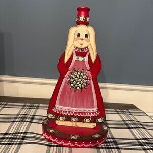 Vintage 80's Hand Painted Wooden Candle Stick Holder Rabbit ~ Cottagecore 11"